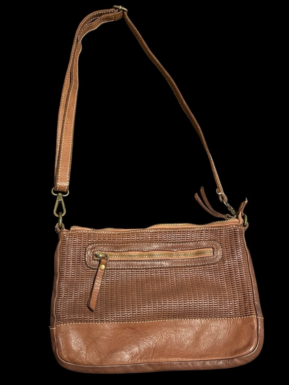 Sundance Crossbody Purse Bag Perforated Brown Leather Zippered  Italy $198